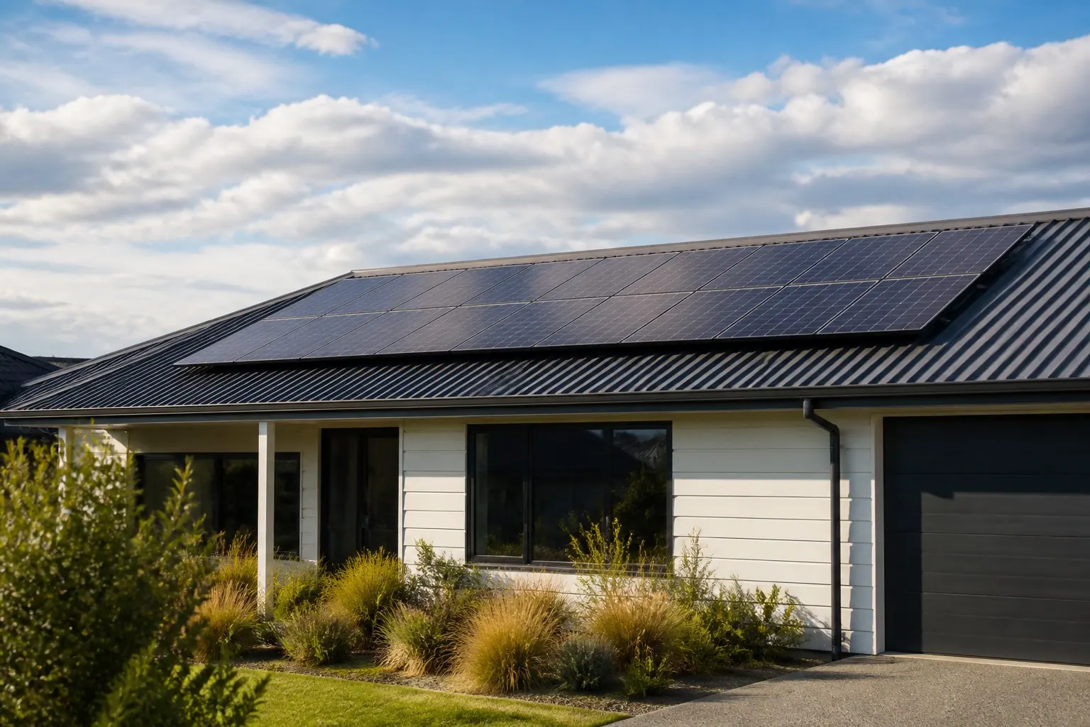 Canterbury home with solar panels on a dark long-run metal roof