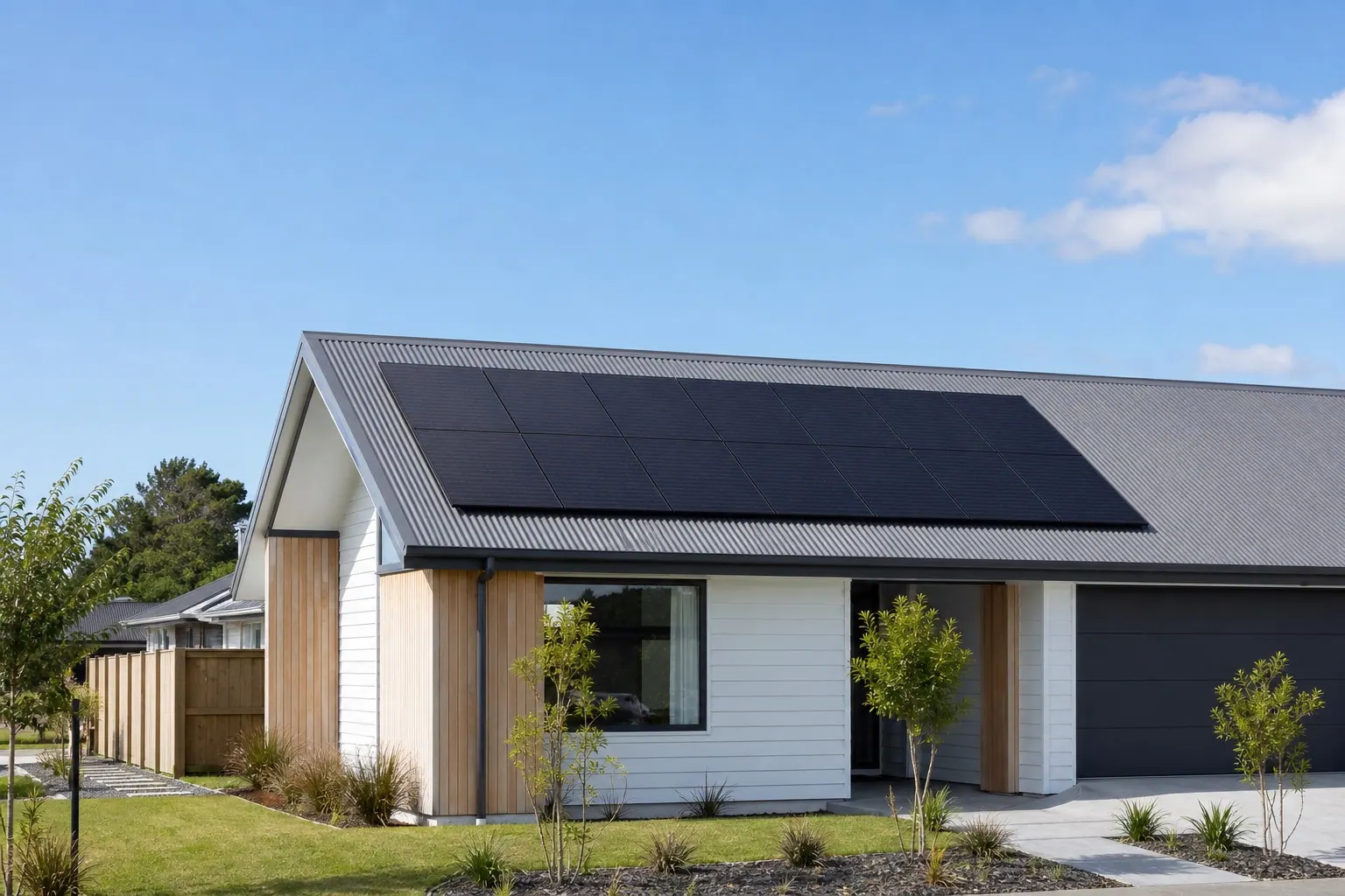 Canterbury suburban home with solar panels on a long-run metal roof