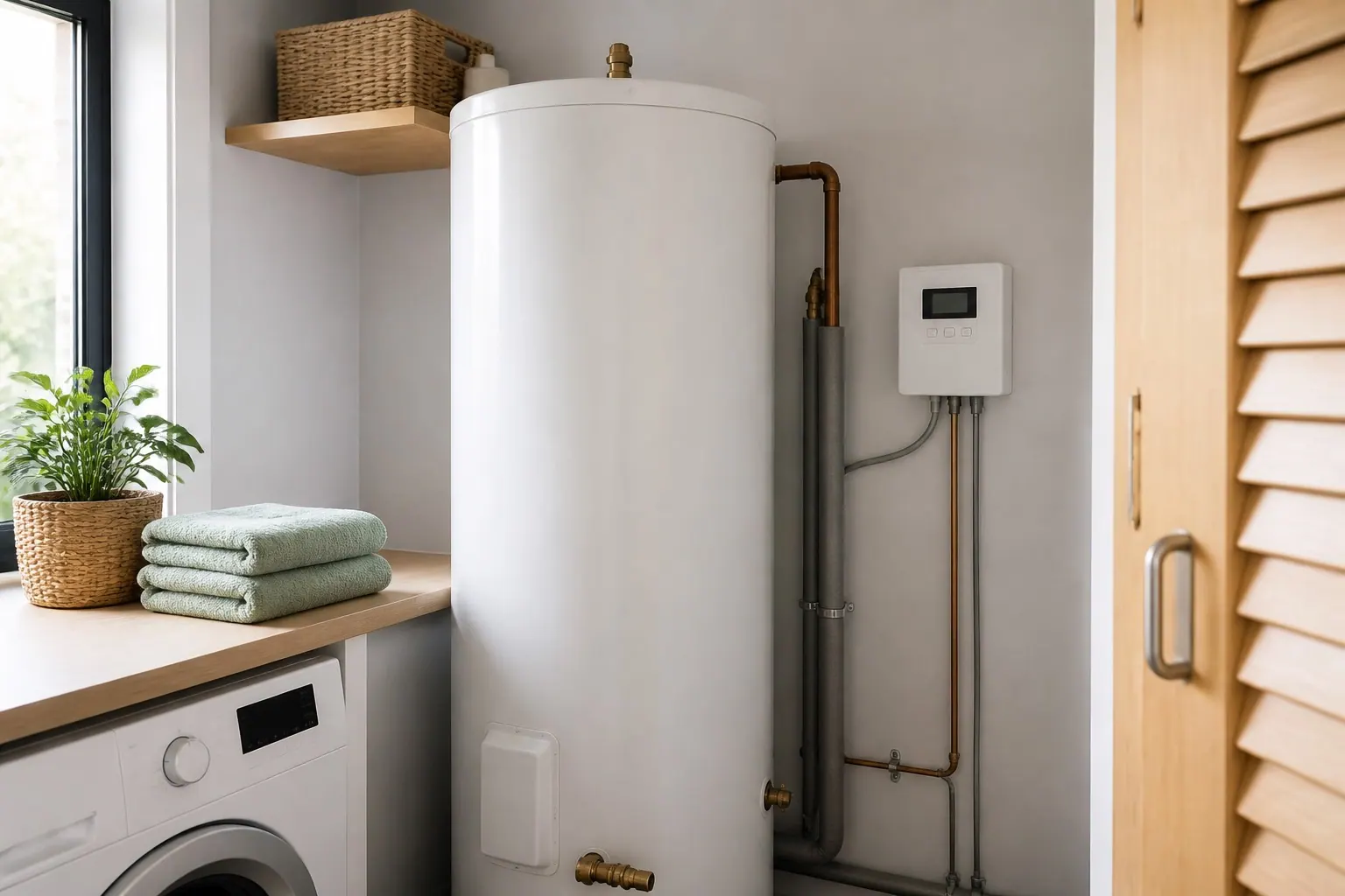Electric hot water cylinder and solar diverter control in a tidy Canterbury laundry