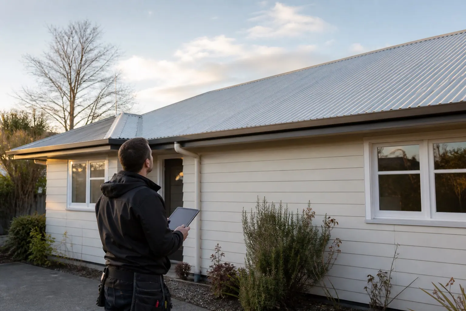 Installer checking a Canterbury long-run metal roof from ground level before quoting solar