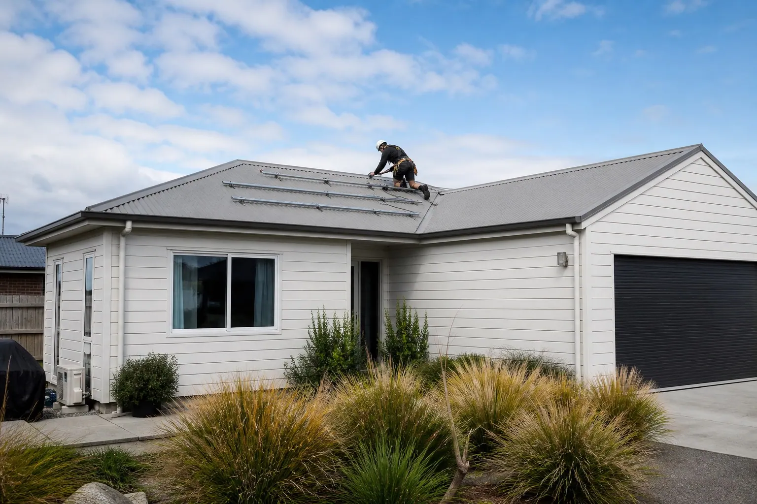 Homeowner and solar installer reviewing a Canterbury roof for panel placement