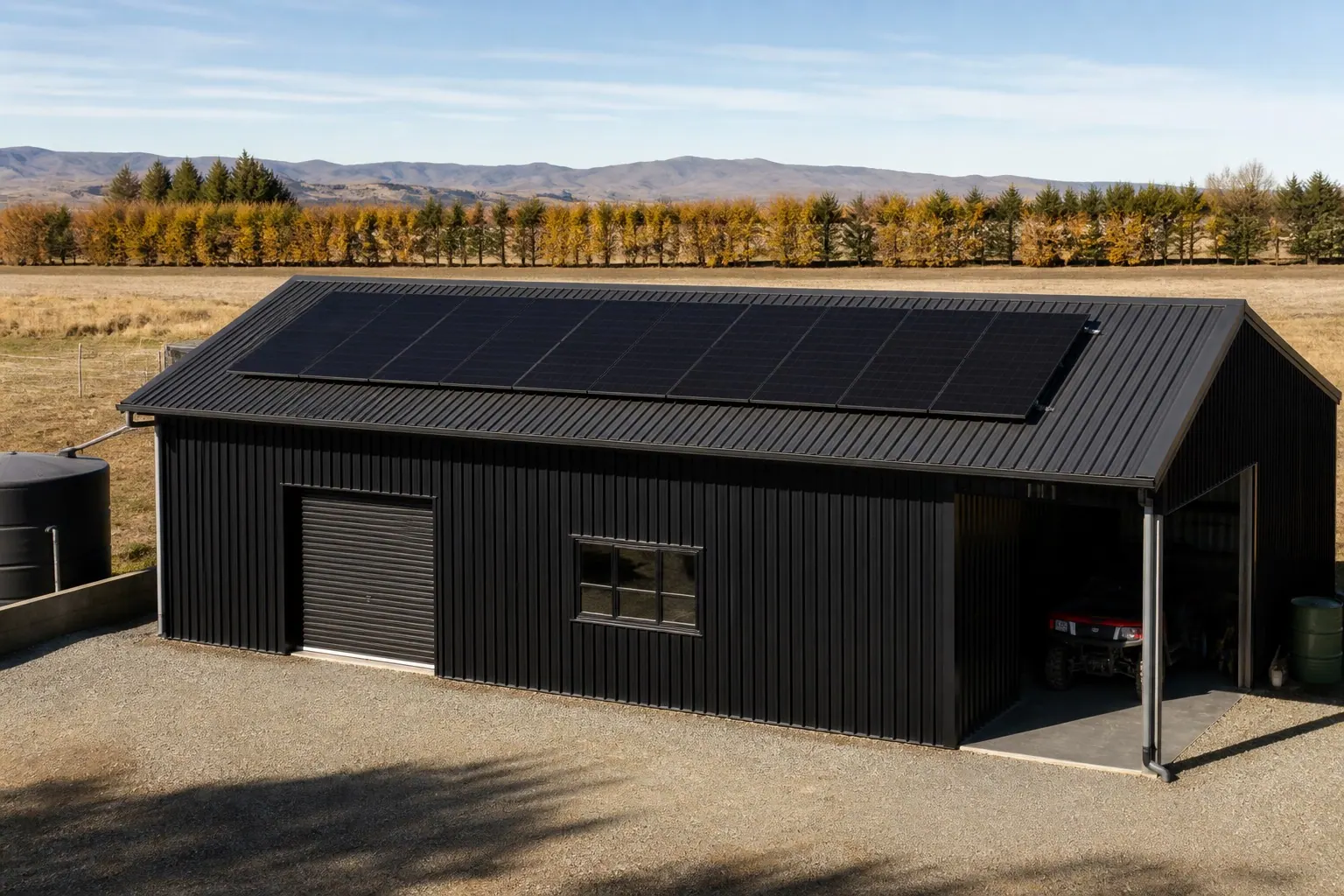 Solar panels on a rural Canterbury shed with corrugated metal roofing