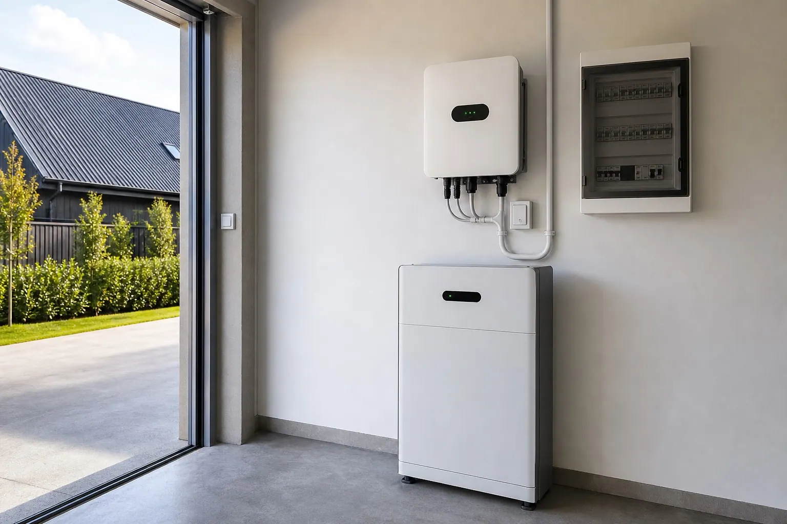 Clean solar battery and inverter equipment in a New Zealand garage