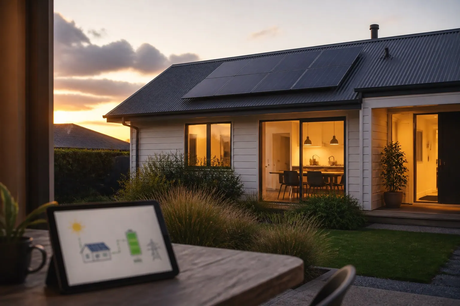 Canterbury home with solar panels at dusk and a home energy tablet in the foreground