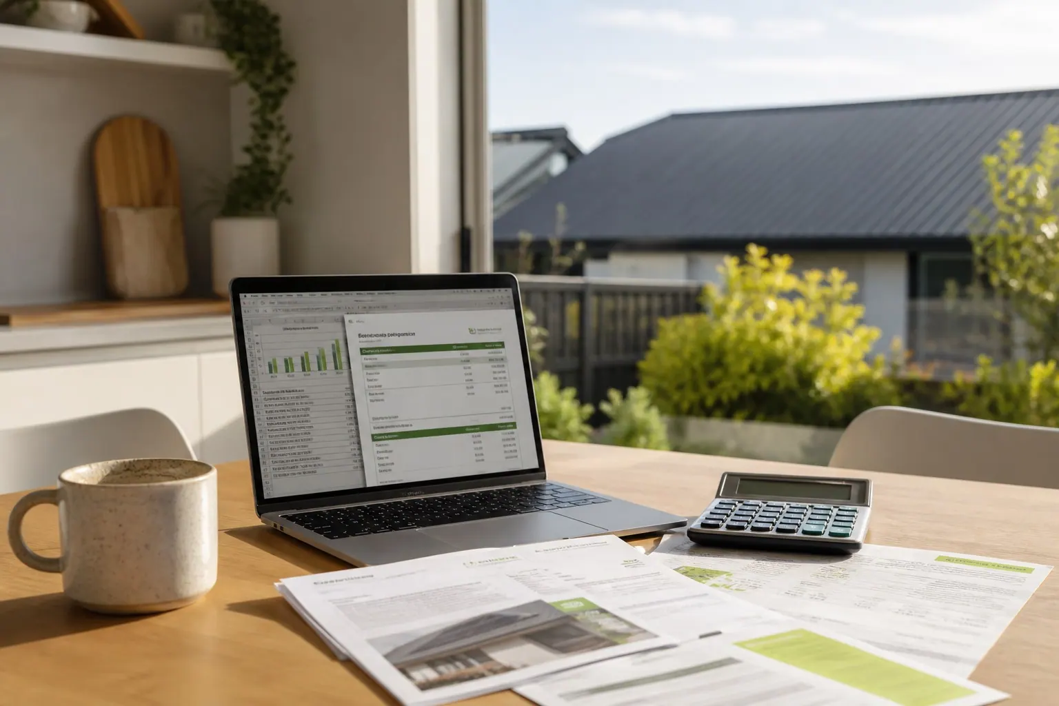 Solar quote paperwork and calculator on a Canterbury dining table
