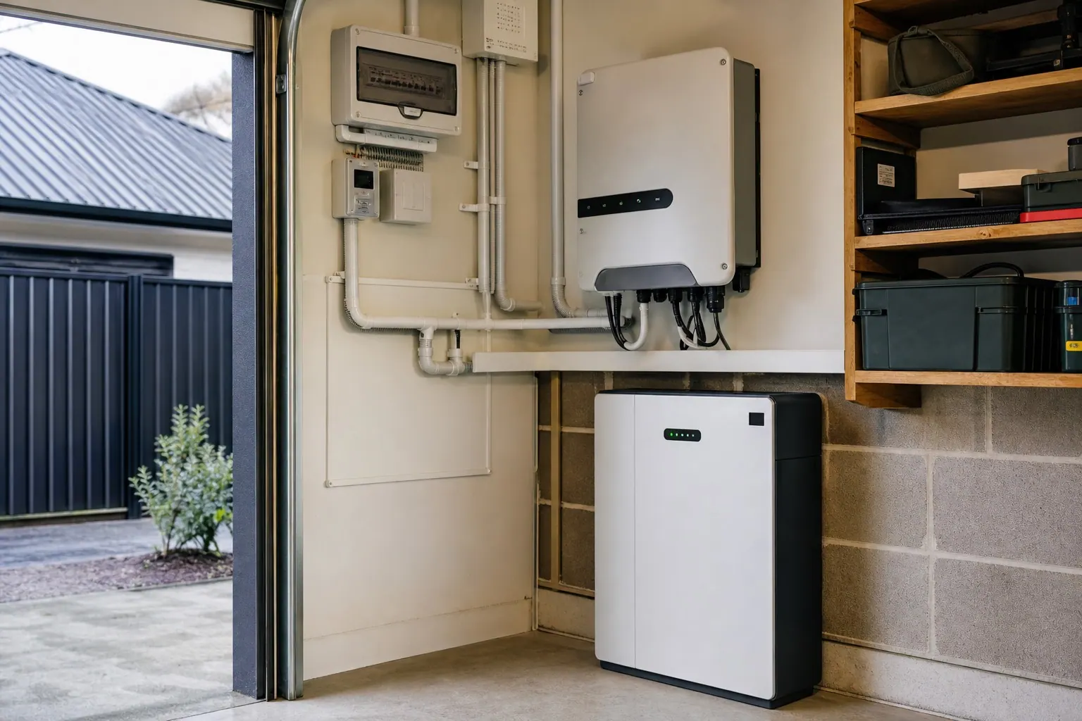 Solar inverter and electrical equipment installed neatly on a Canterbury garage wall