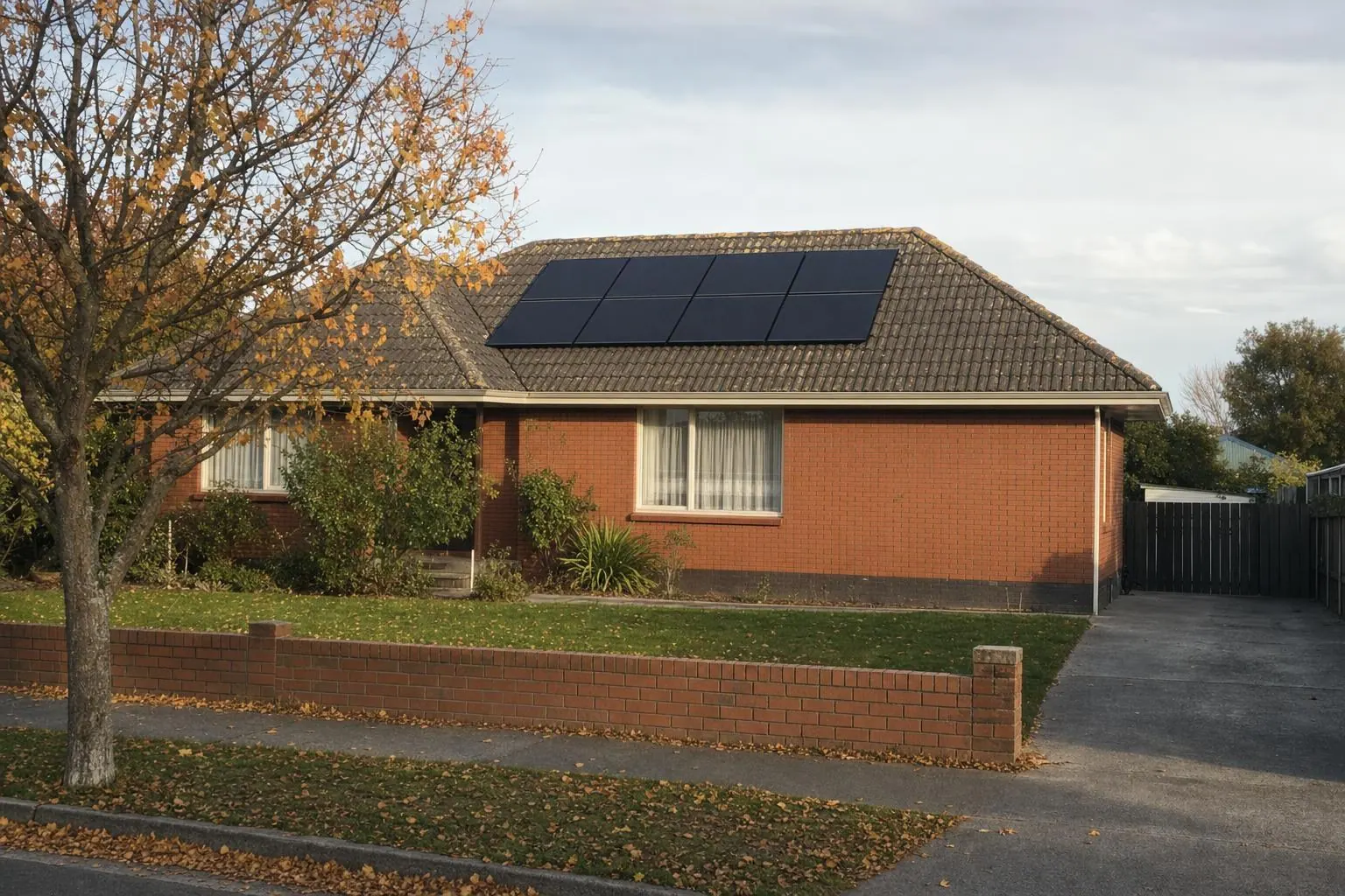 A single-storey brick house with a hipped charcoal concrete tile roof and eight solar panels on its sunlit face, with autumn leaves on the lawn
