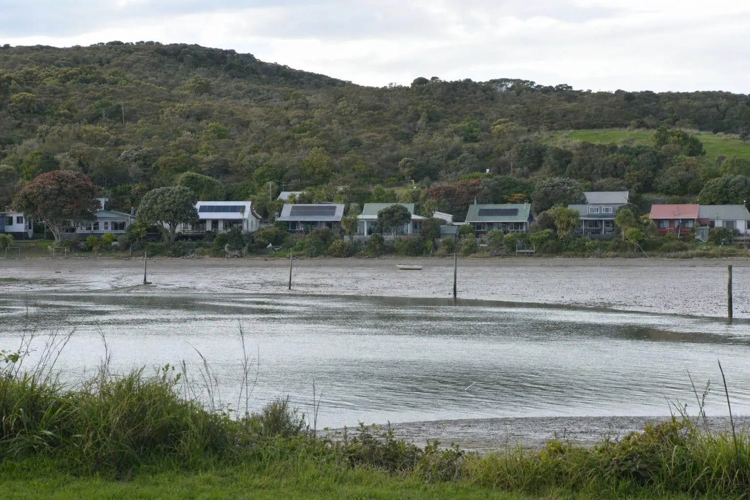 A row of houses along an estuary shoreline with bush-covered hills behind, three of them with solar panels on their metal roofs
