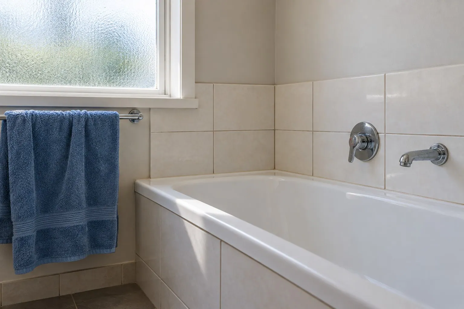 Blue towel beside a white bath and chrome taps in a modest bathroom