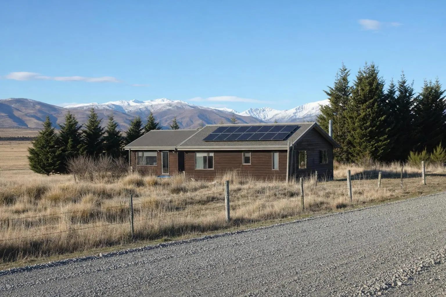 A small weatherboard house with solar panels on its metal roof, set among golden tussock with snow-capped mountains behind