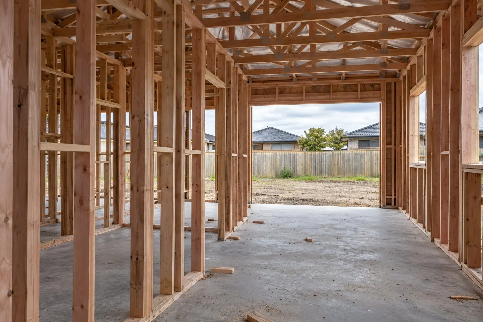 Exposed timber wall framing and roof trusses in an unfinished house