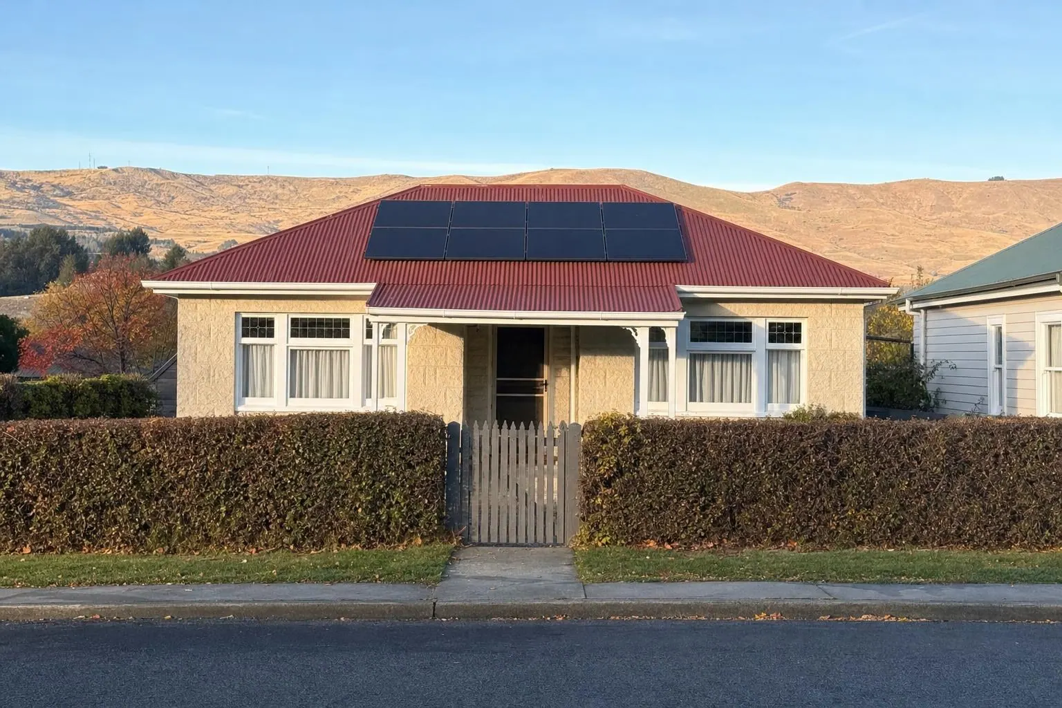 A single-storey limestone bungalow with a red corrugated iron roof and eight solar panels, behind a trimmed hedge with dry hills beyond