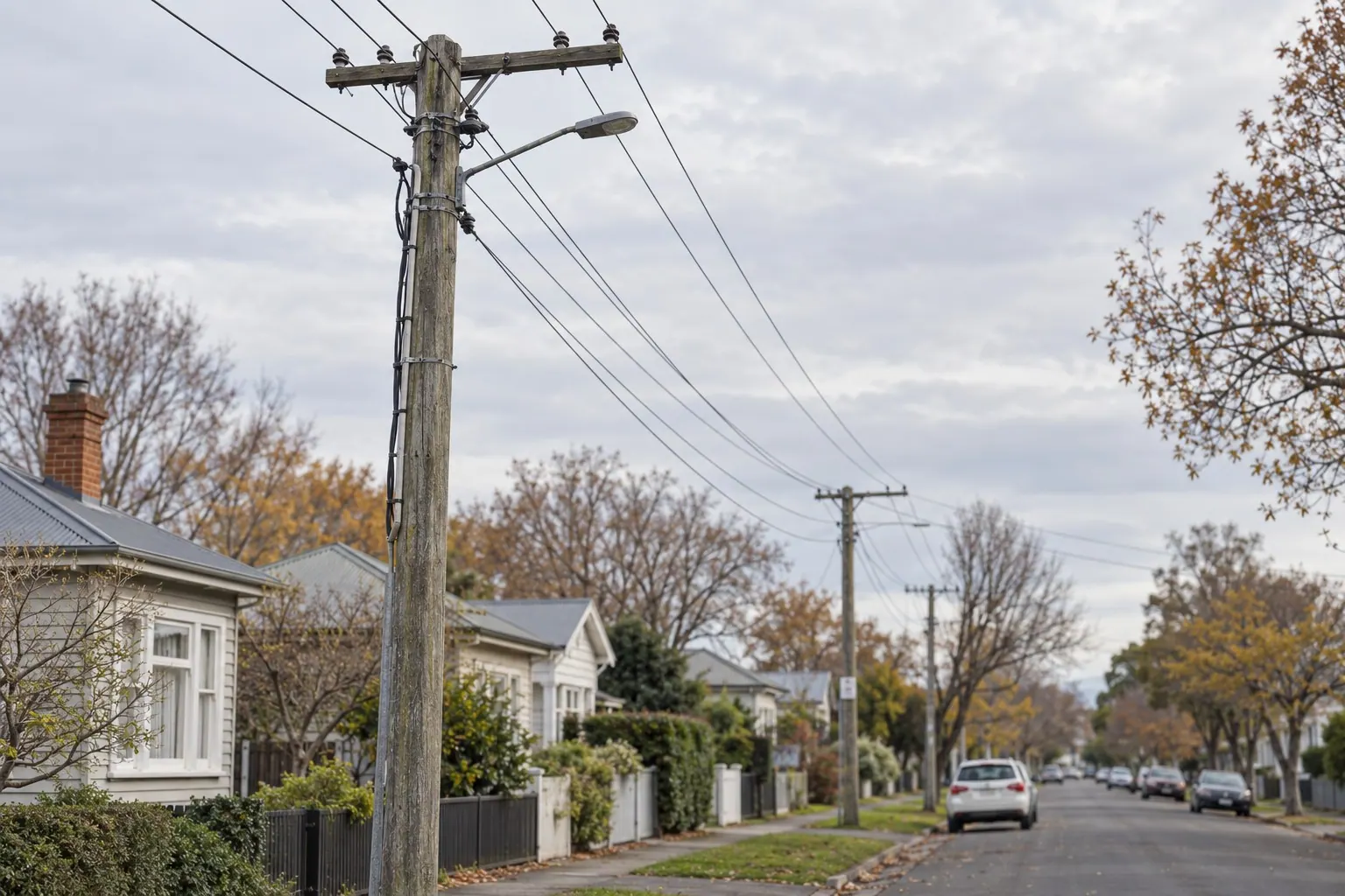 Wooden electricity poles and overhead lines along a residential street