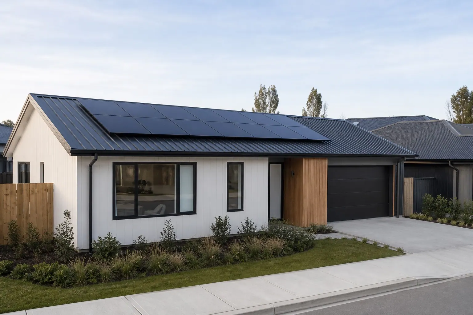 Modern Canterbury new-build home with solar panels on a dark metal roof