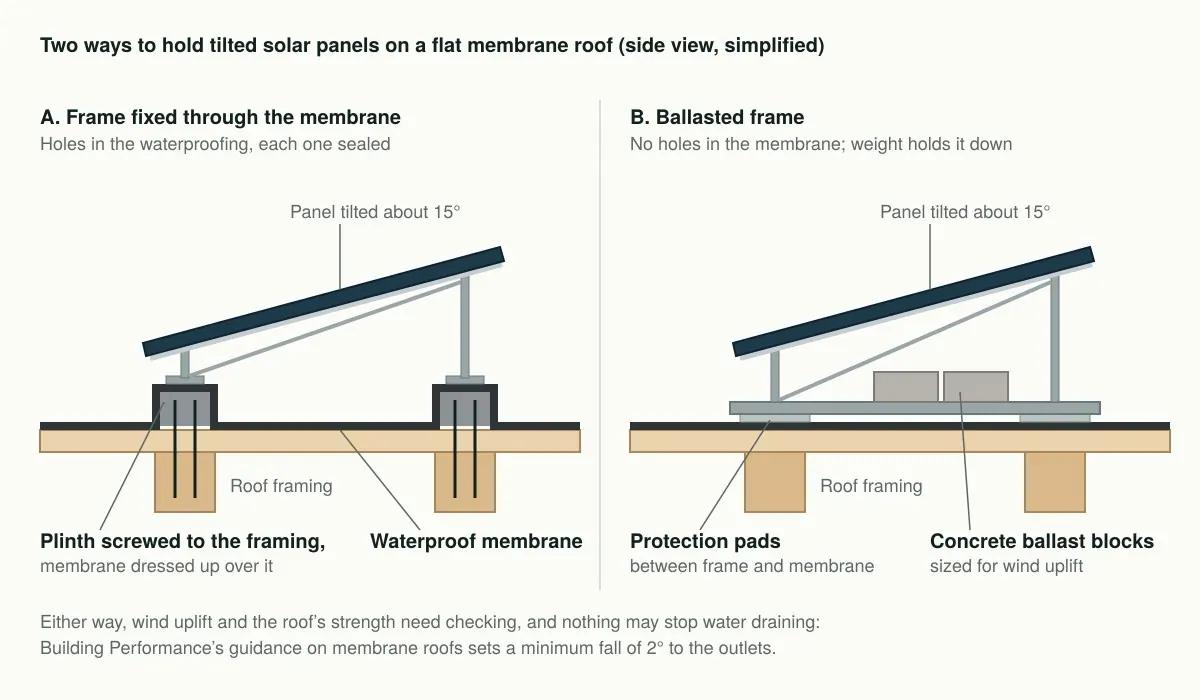 Side-view diagram of two ways to hold tilted solar panels on a flat membrane roof. A: the frame stands on plinths screwed through to the roof framing, with the membrane dressed up over each plinth. B: the frame sits on protection pads on top of the membrane and is held down by concrete ballast blocks, with no holes in the membrane. Both panels are tilted about 15°.
